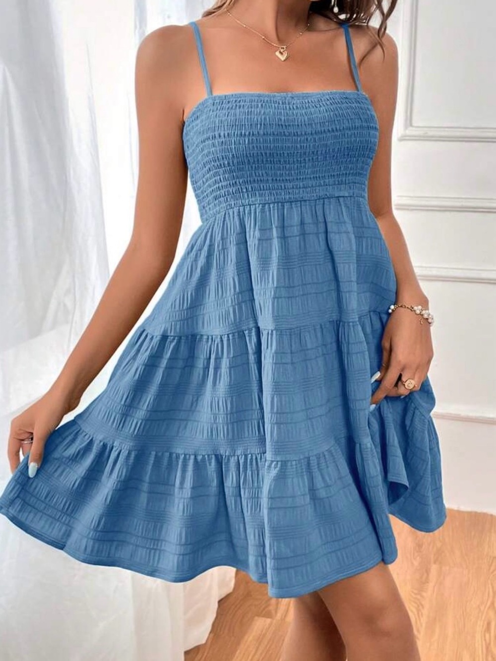 Soleia Women's Solid Color Shirred Bodice Tiered Mini Dress in Blue BRAND NEW